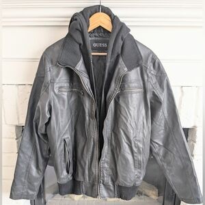 Guess Black Hooded Leather Bomber Jacket Men's Large Quilted Lining